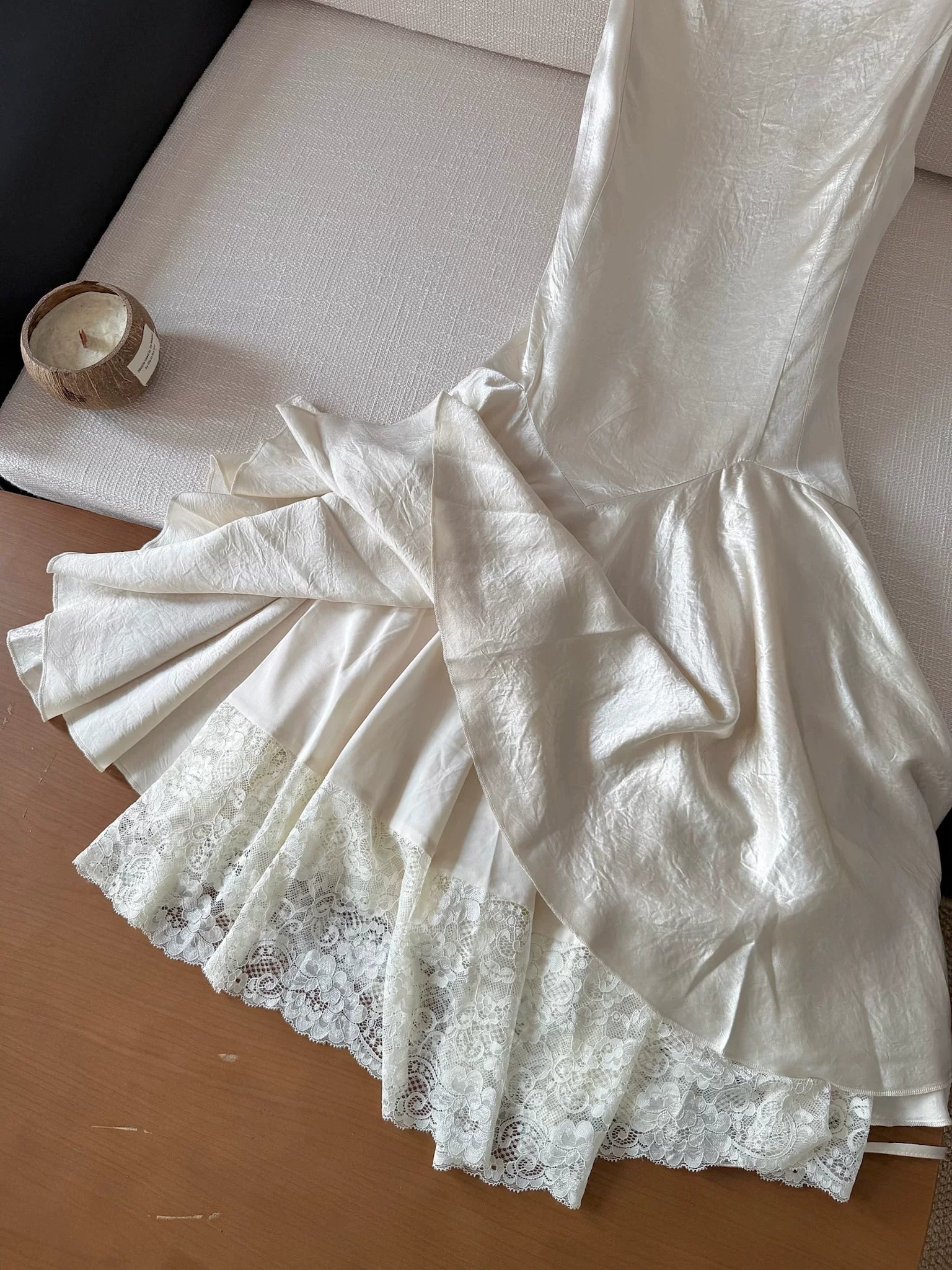 IVORY SATIN MIDI SLIP DRESS, SPAGHETTI STRAP LACE HEM