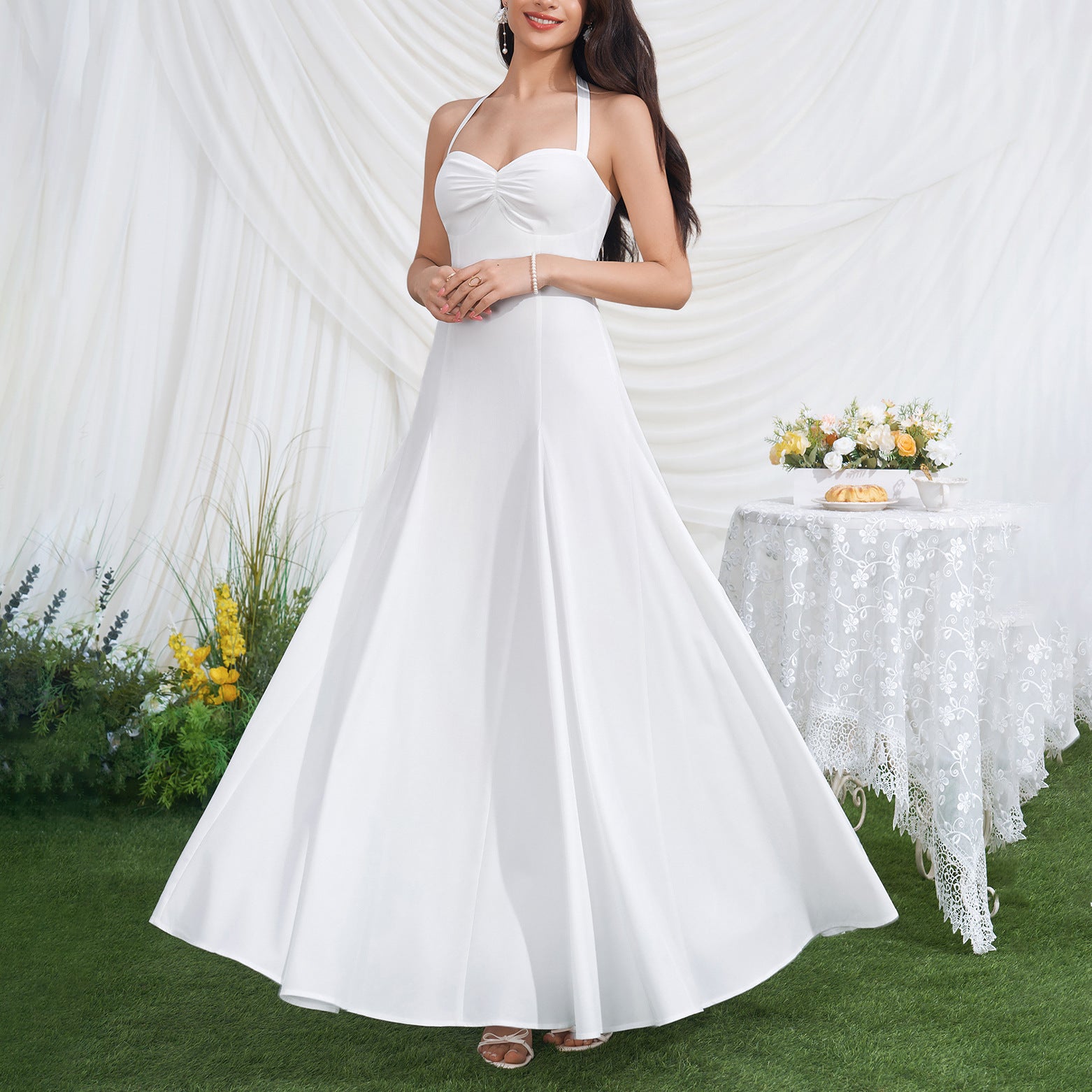 HALTER TWIST BUST FLOWY CHIFFON WEDDING MAXI DRESS
