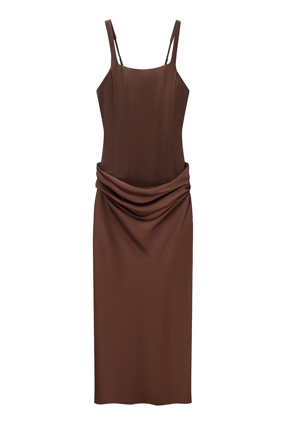O1CN0187KZTW21ArpmdkHEI__2216938586945-0-cib DARK BROWN SATIN COLUMN GOWN DRAPED HIP EVENING WEAR