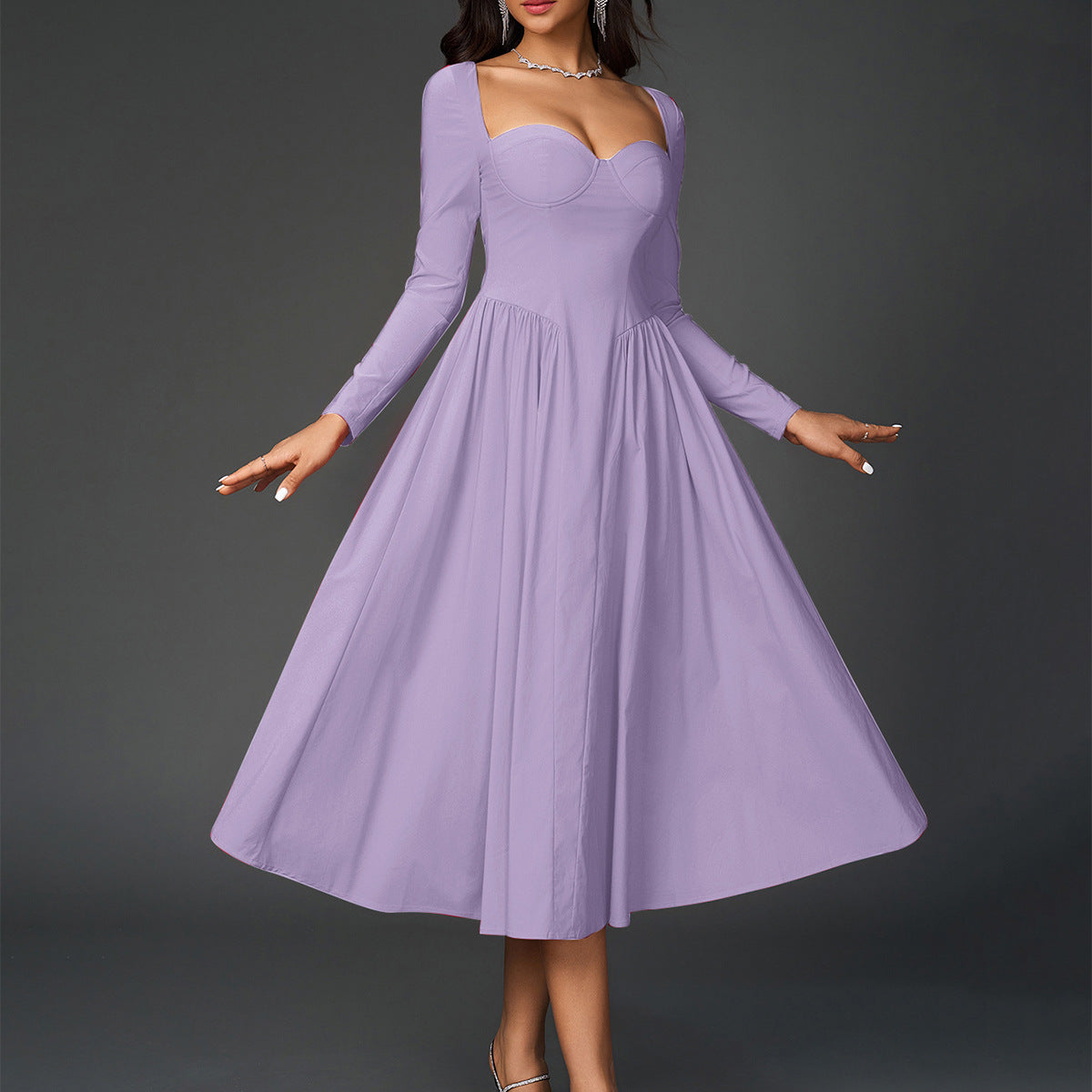 LONG SLEEVE SWEETHEART CORSET FLARED MIDI DRESS