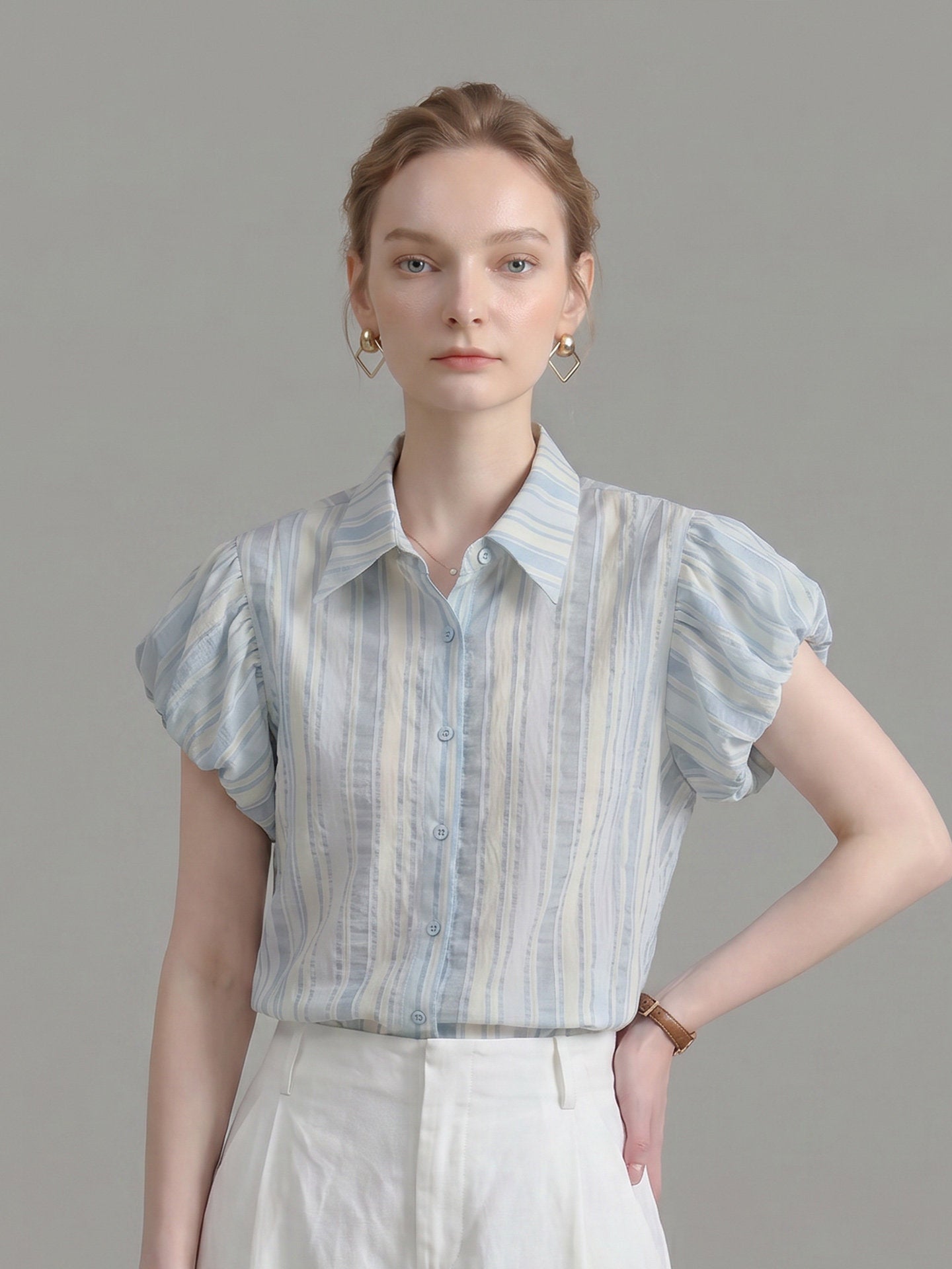 O1CN018PpVDQ1fP8c7LdNls__163593998 VERTICAL STRIPE PUFF SLEEVE POINT COLLAR WORK SHIRT