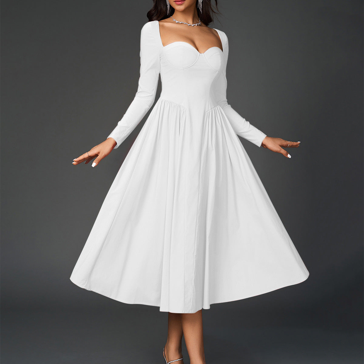 LONG SLEEVE SWEETHEART CORSET FLARED MIDI DRESS