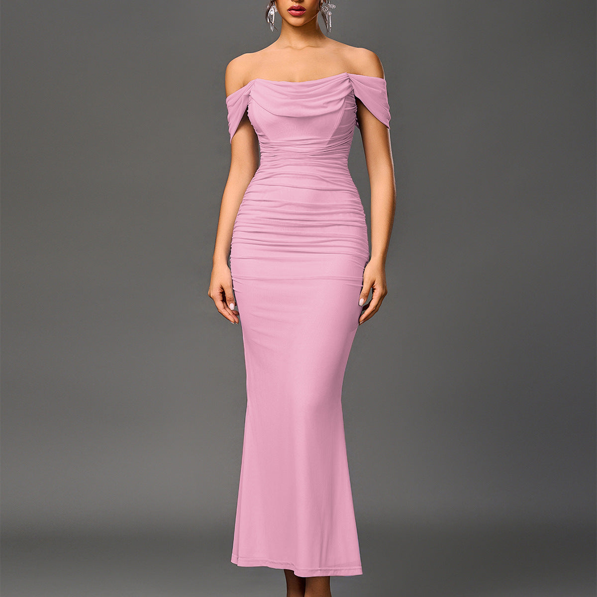 O1CN018wTYs323jKmlq3KWg__3423897291-0-cib OFF SHOULDER DRAPED COWL RUCHED MESH MERMAID MAXI DRESS