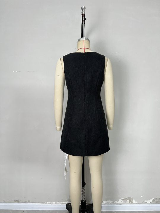 O1CN019GtSrI1zMCJ0DhTVB__2217524266699-0-cib BLACK TWEED SCOOP NECK SLEEVELESS GOLD BUTTON POCKET MINI DRESS