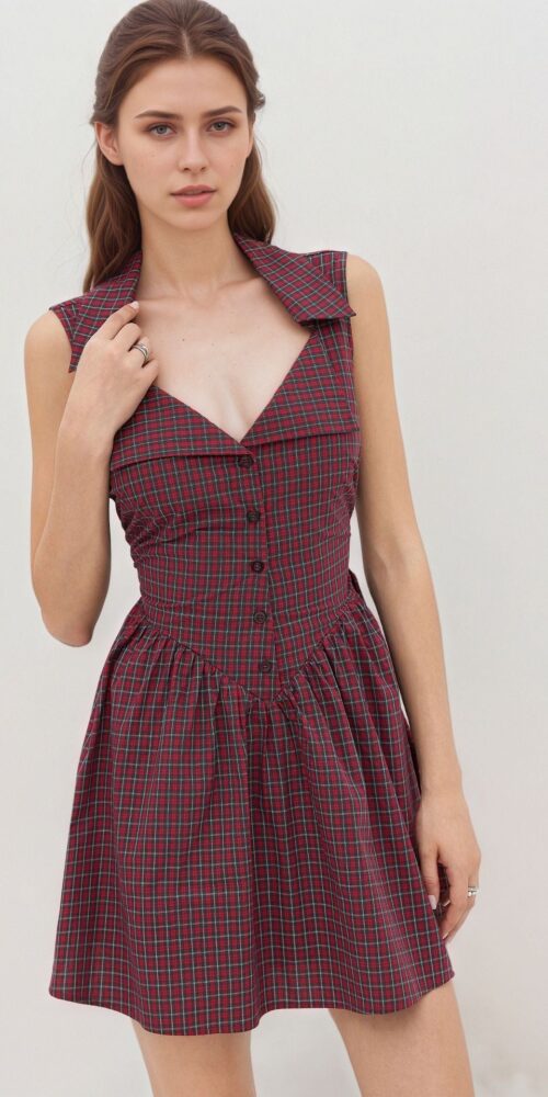 RED PLAID SLEEVELESS LAPEL V NECK BUTTON FRONT FIT AND FLARE MINI DRESS SUMMER RETRO DRESS