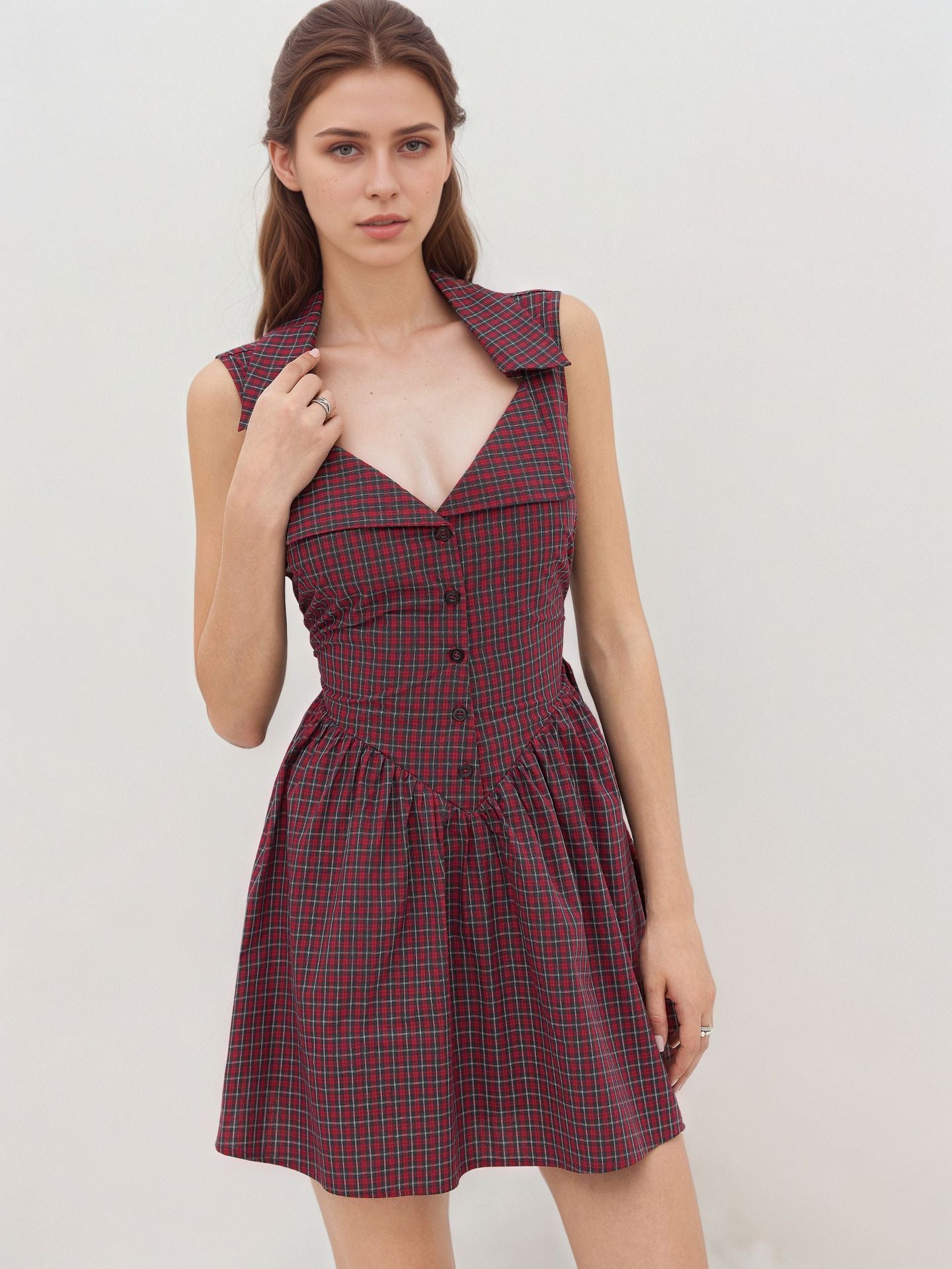 O1CN019IPMeM1zMCIGpG6xh__2217524266699-0-cib RED PLAID SLEEVELESS LAPEL V NECK BUTTON FRONT FIT AND FLARE MINI DRESS SUMMER RETRO DRESS