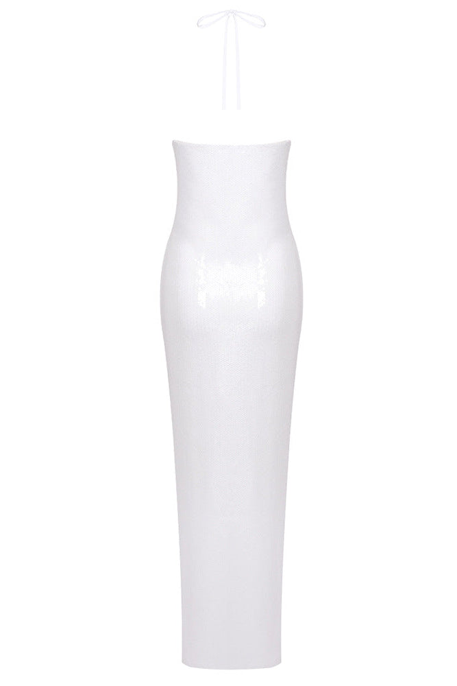 WHITE SEQUIN MESH COLUMN DRESS FLOWER EMBELLISHMENT