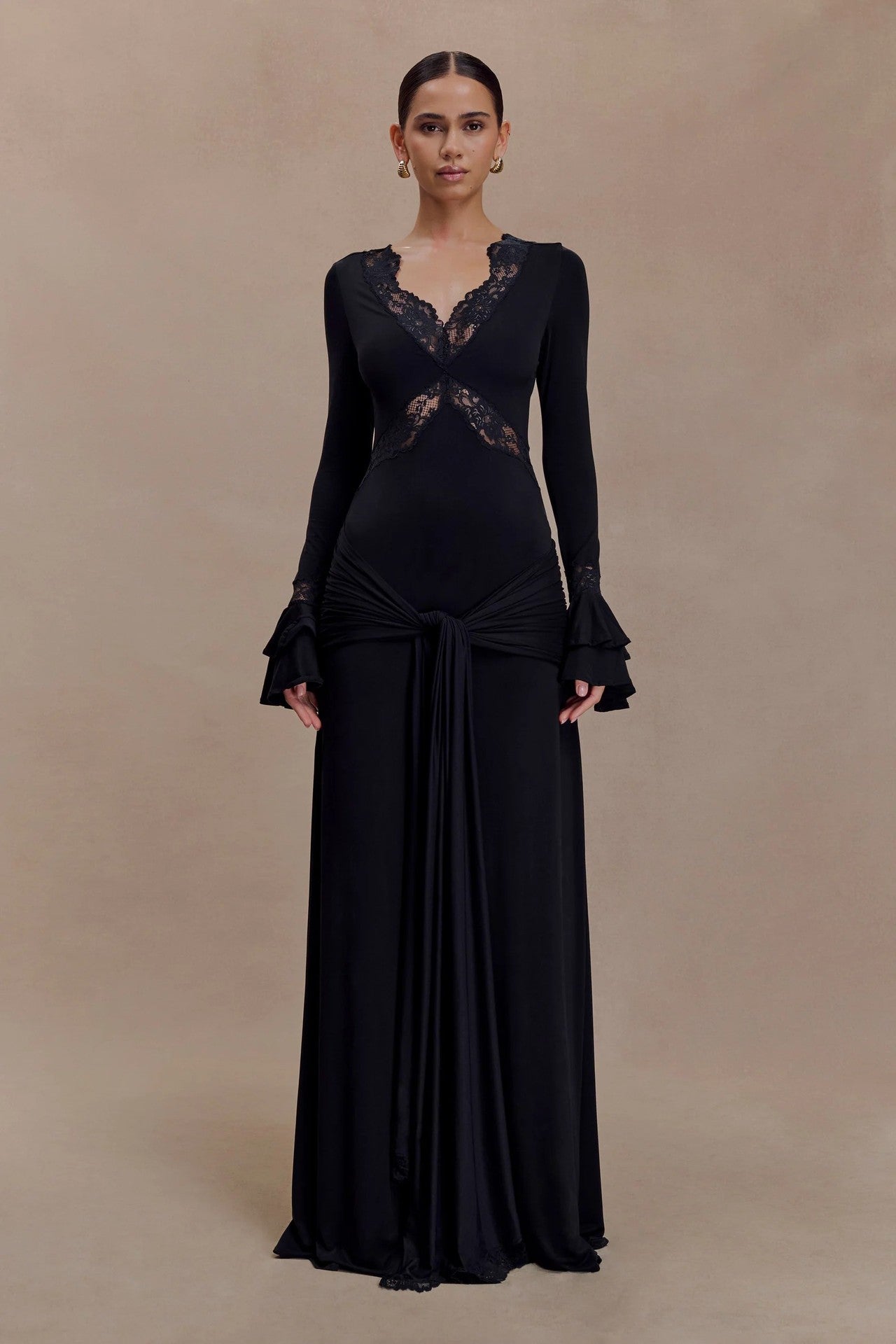LACE TRIM FLARE SLEEVE DRAPED MAXI DRESS