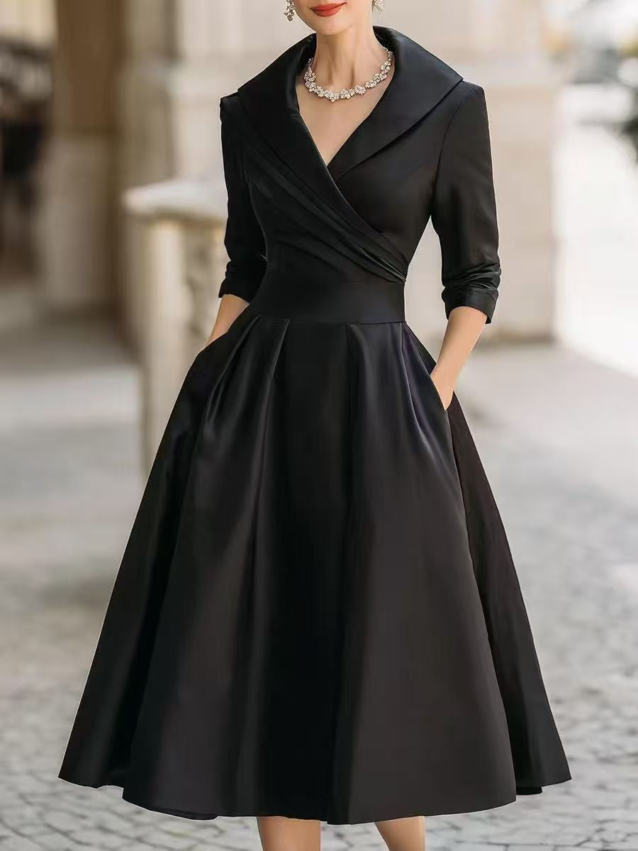 O1CN019s0j4H21xsAtdoNoL__2221462337052-0-cib LAPEL WRAP V-NECK SATIN MIDI SWING DRESS
