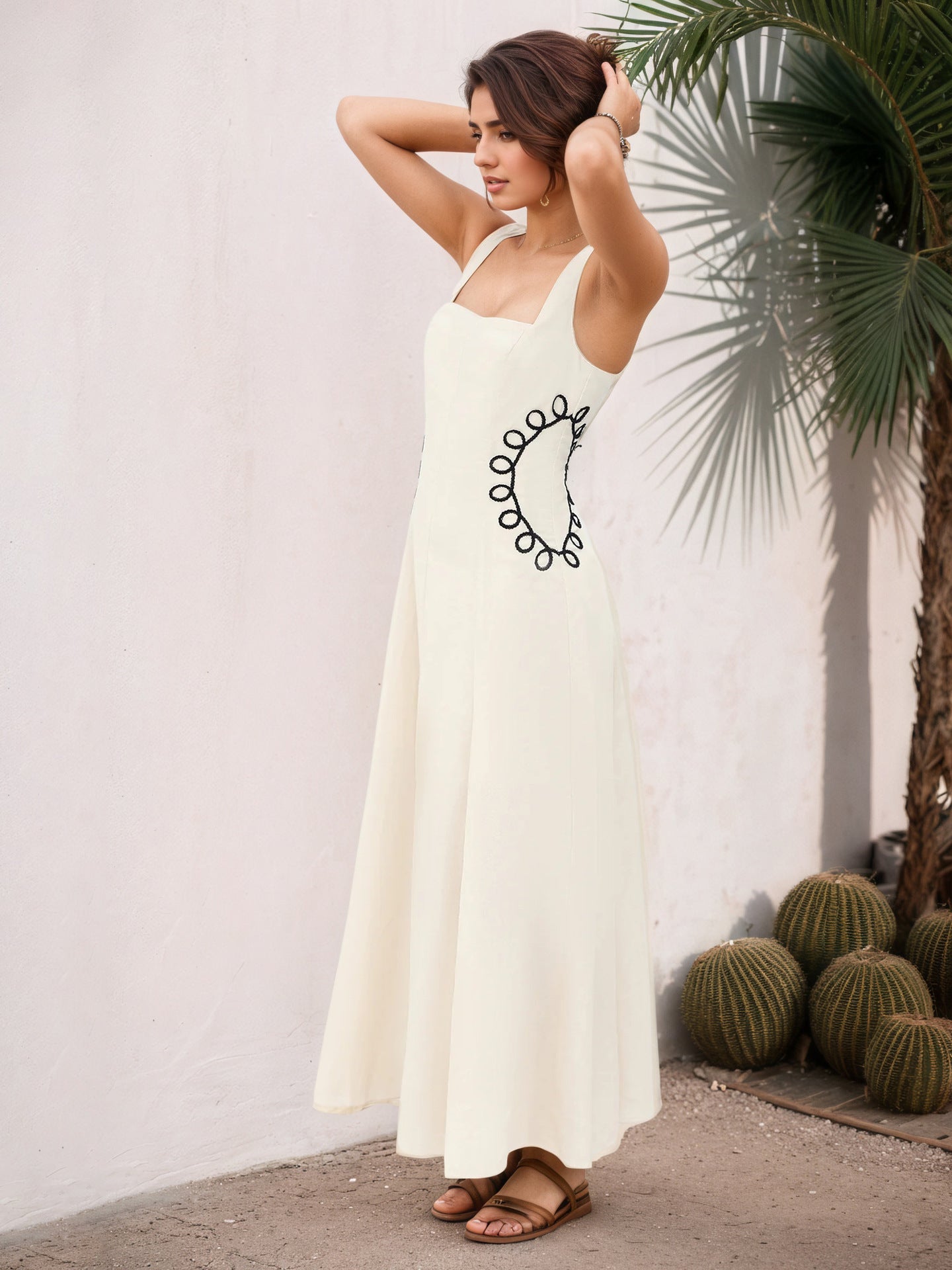 CREAM SQUARE NECK SLEEVELESS BLACK LOOP EMBROIDERY FLARED MIDI DRESS