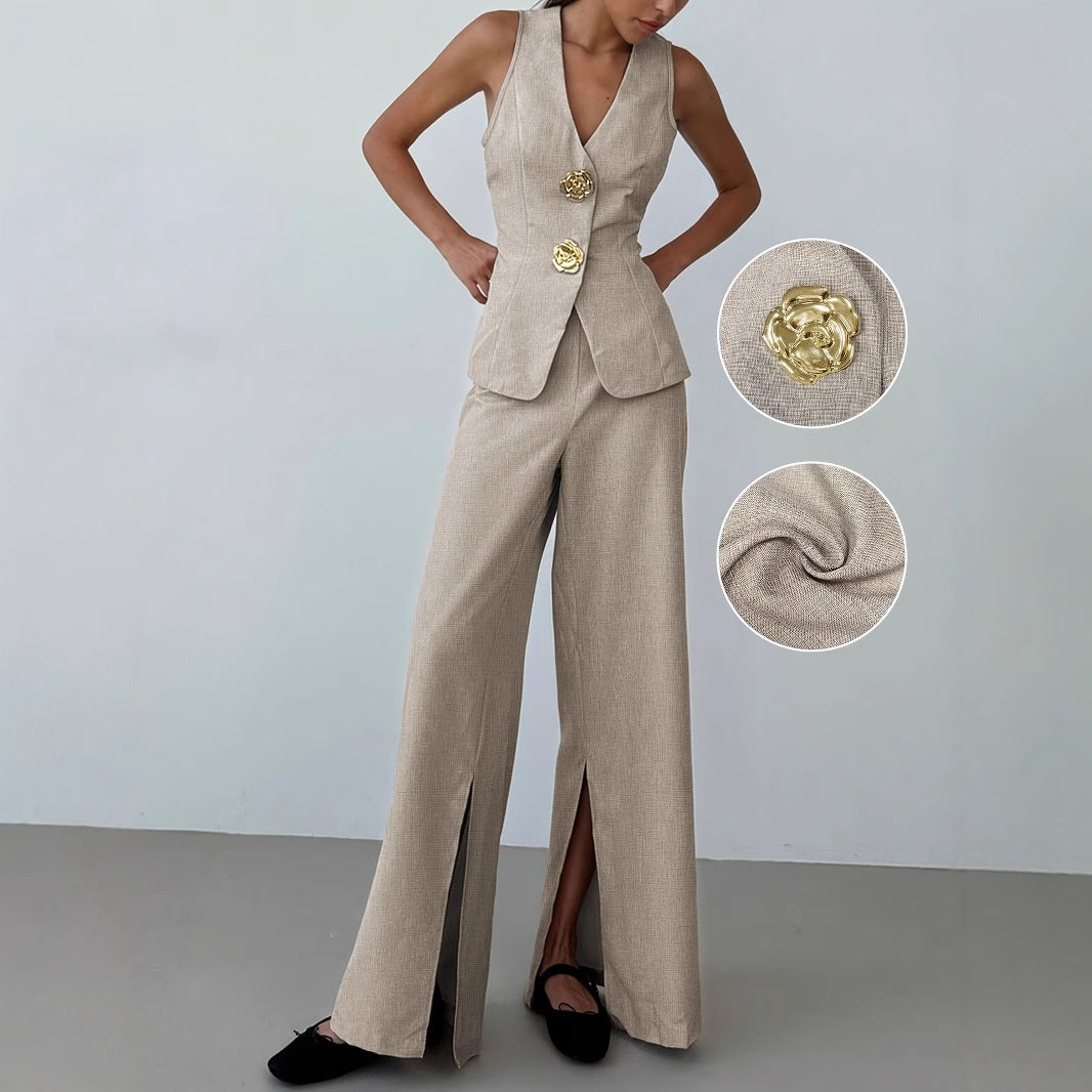 O1CN01AFzjT71zMCI2ReTLy__2217524266699-0-cib KHAKI WIDE LEG SUIT PANTS, HIGH WAIST FRONT SLIT OFFICE TROUSERS
