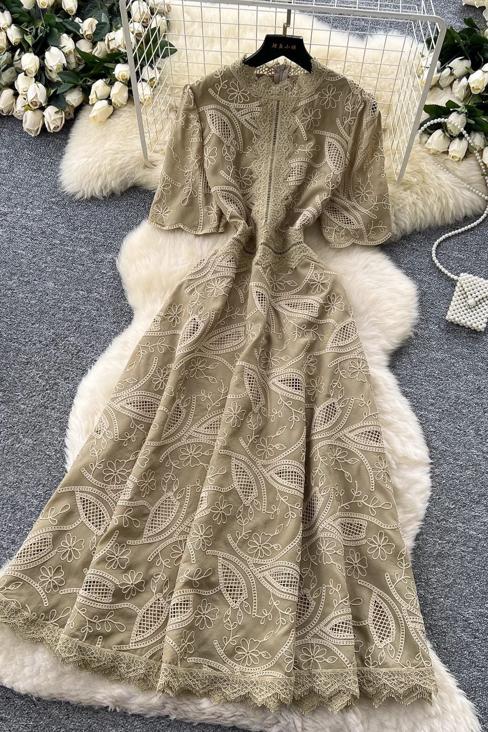 O1CN01AMesm01apdOS7Z5zP__2220508073379-0-cib BEIGE EMBROIDERED ORGANZA A-LINE MIDI DRESS