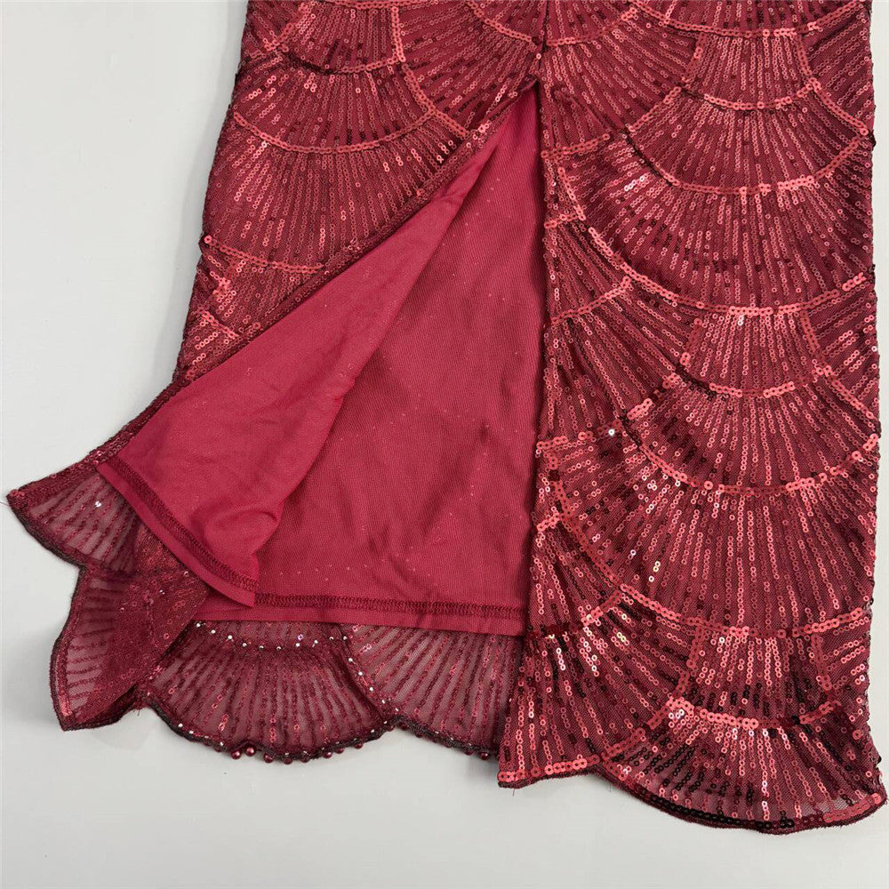 BURGUNDY SEQUIN MESH COLUMN GOWN