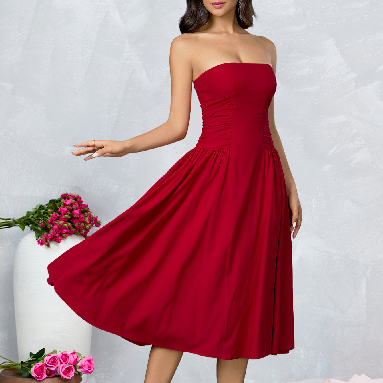 O1CN01Ab7POO23jKp68pX1Q__3423897291-0-cib STRAPLESS RUCHED FLARED MIDI DRESS FOR WEDDING