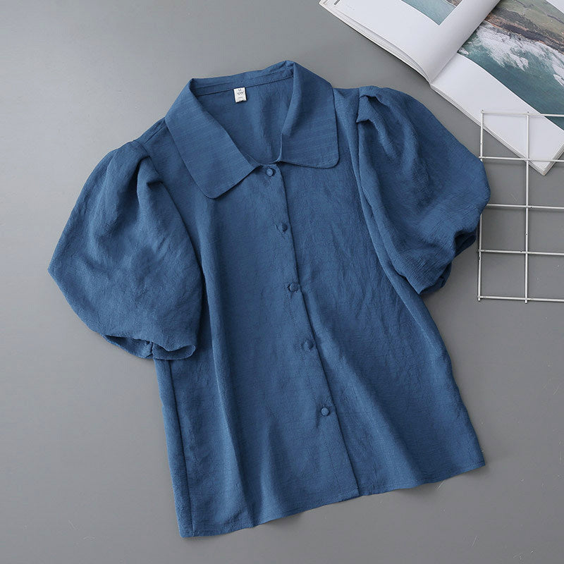 LAPEL BUBBLE SLEEVE TEXTURED BLOUSE FOR WORK