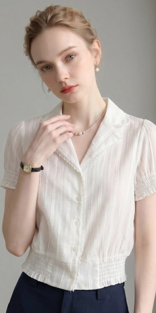 O1CN01Ai6PAs1fP8cFpeIEZ__163593998 LACE TRIM NOTCHED COLLAR RUCHED CROP BLOUSE