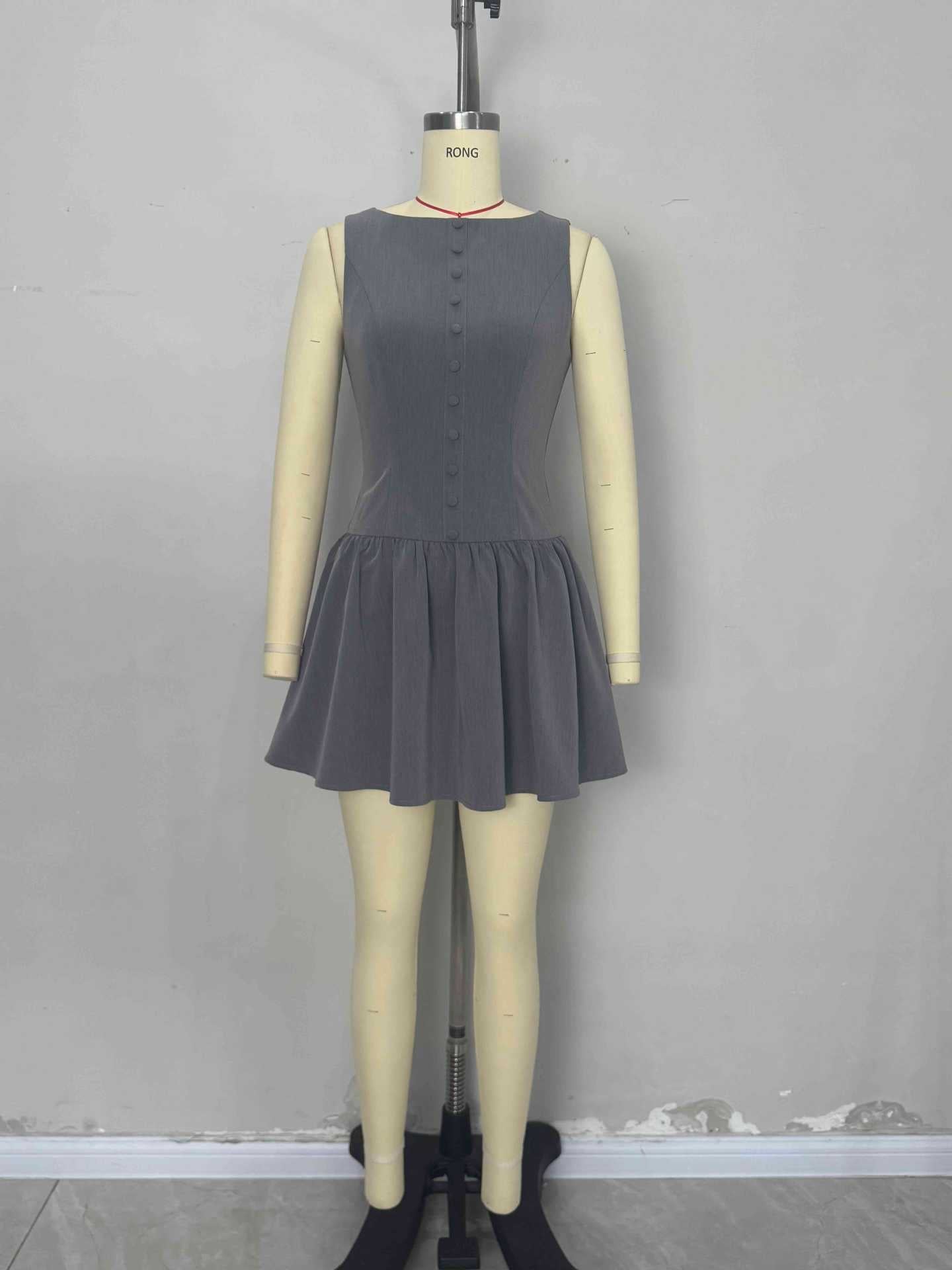 O1CN01BK9Vc31zMCIJmhOrf__2217524266699-0-cib GREY BOAT NECK SLEEVELESS GATHERED FLARE MINI DRESS
