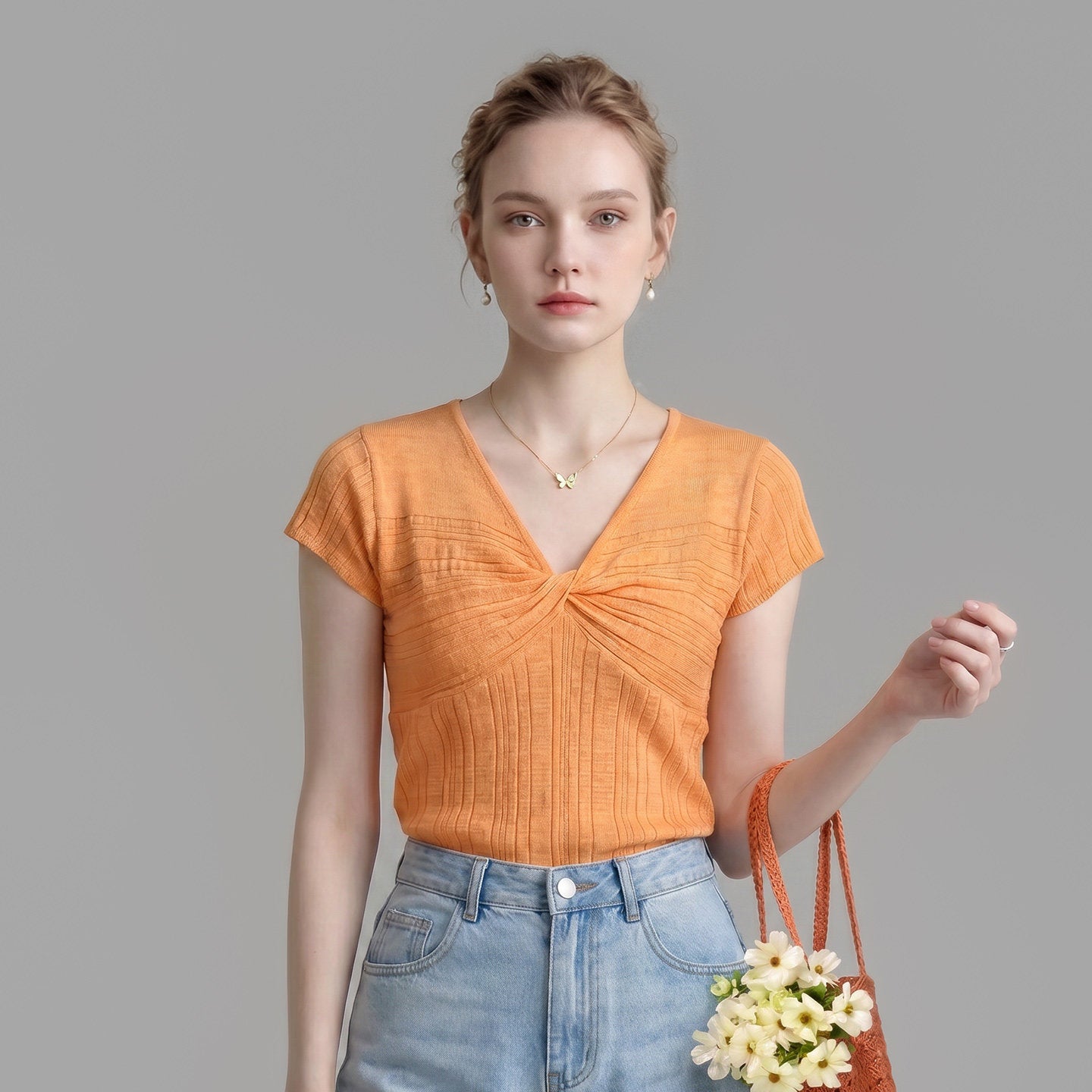 O1CN01BNHC1d1fP8cP6J4ZR__163593998 FRONT TWIST V NECK CAP SLEEVE TEXTURED KNIT TOP