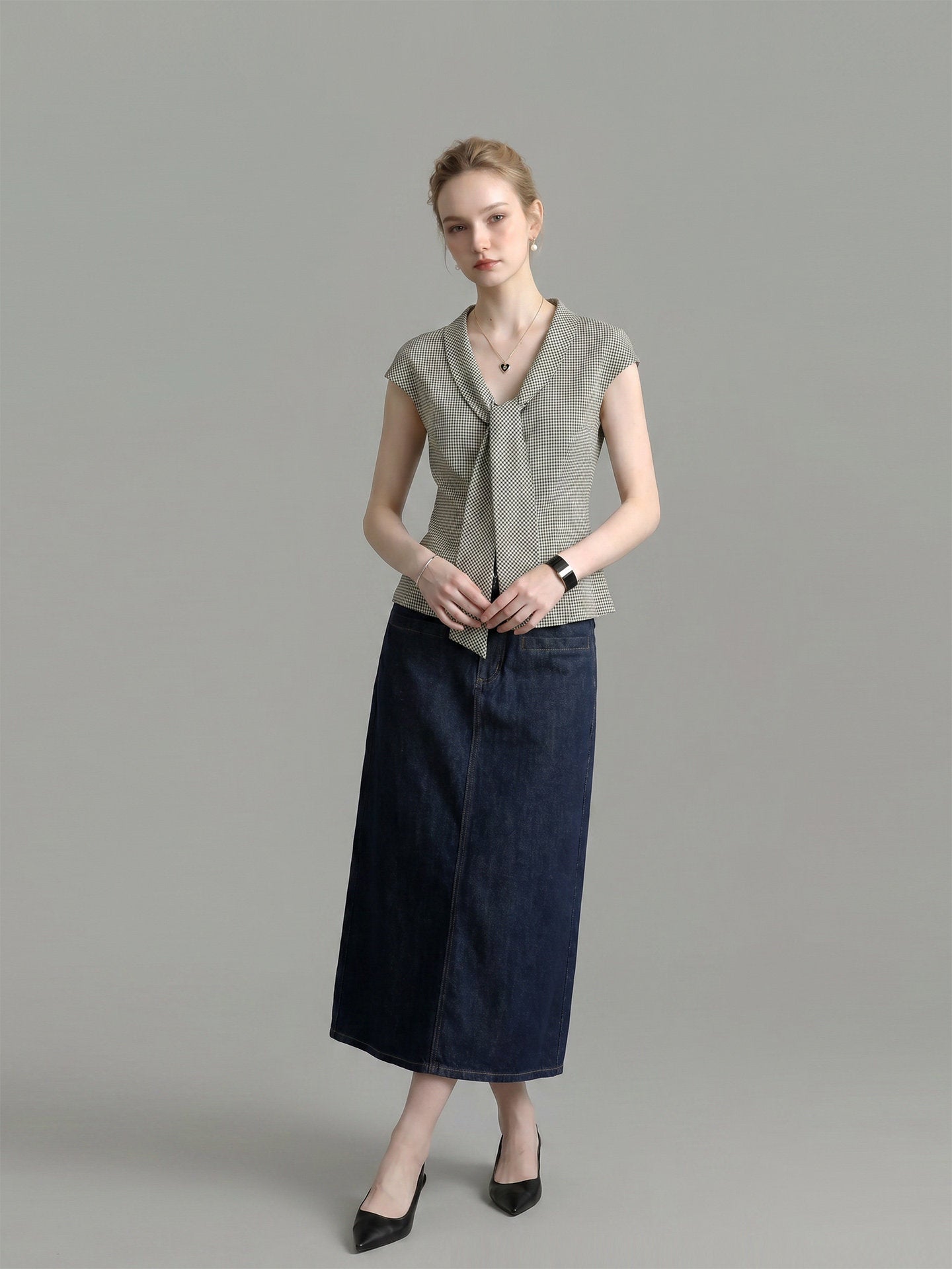 HOUNDSTOOTH LAPEL TIE-NECK CAP SLEEVE SLIM WORK BLOUSE