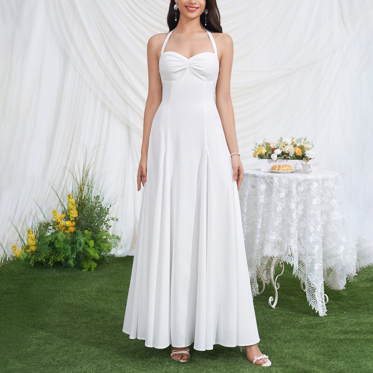 HALTER TWIST BUST FLOWY CHIFFON WEDDING MAXI DRESS