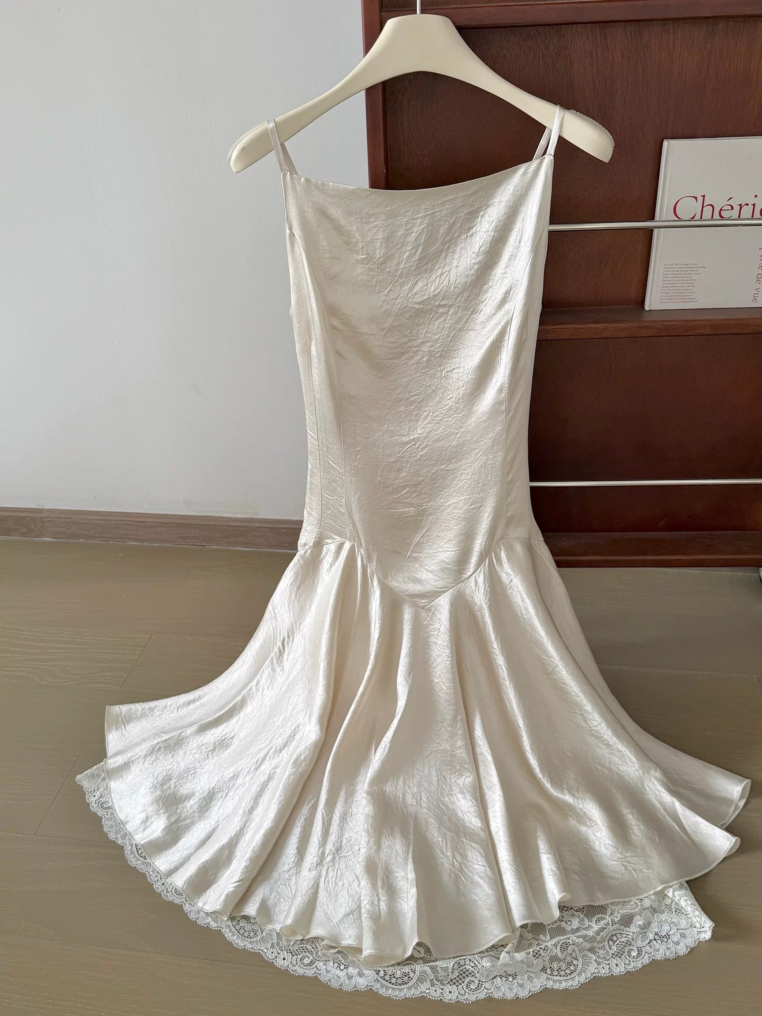 IVORY SATIN MIDI SLIP DRESS, SPAGHETTI STRAP LACE HEM