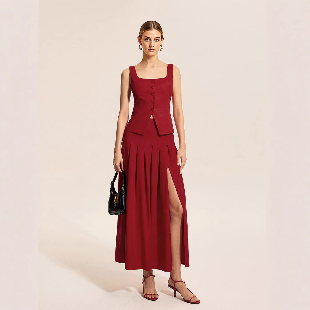 O1CN01C3MbpC1zMCIGHyQZX__2217524266699-0-cib BURGUNDY SQUARE NECK VEST & SLIT MIDI SKIRT TWO-PIECE SET