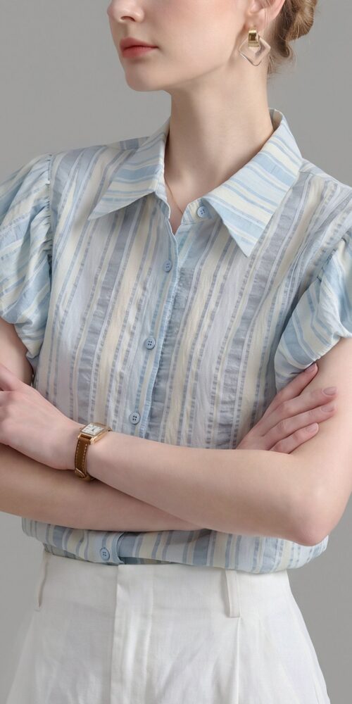 O1CN01CH41YJ1fP8c71hxA4__163593998 VERTICAL STRIPE PUFF SLEEVE POINT COLLAR WORK SHIRT