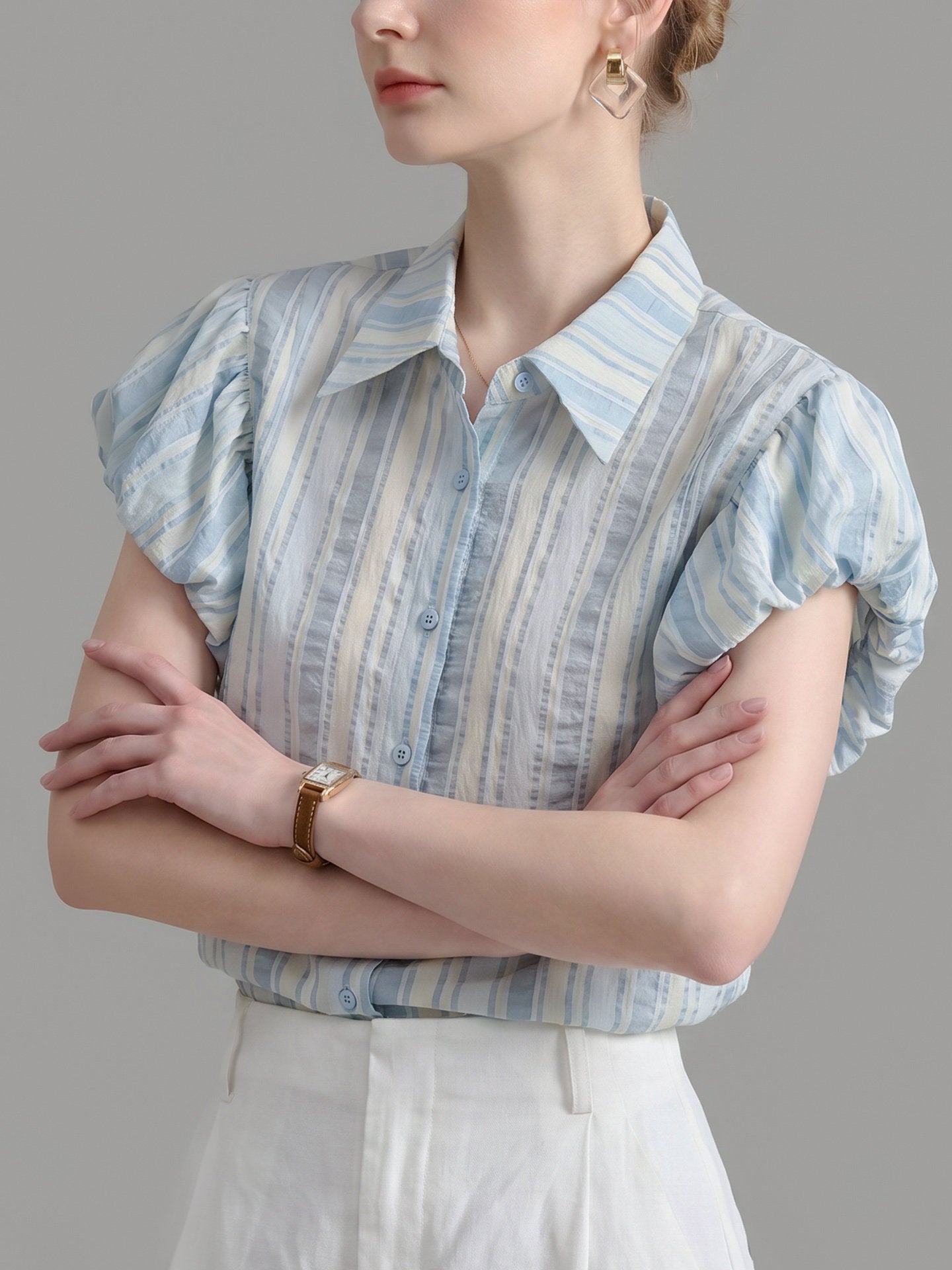 O1CN01CH41YJ1fP8c71hxA4__163593998 VERTICAL STRIPE PUFF SLEEVE POINT COLLAR WORK SHIRT