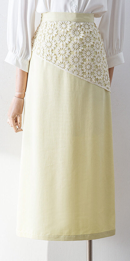 DIAGONAL LACE MIDI SKIRT, HIGH WAIST STRAIGHT, FLORAL SPLICE