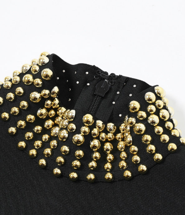 O1CN01CaxVyT1SHjBXt1ALf__2218857642222-0-cib BLACK GOLD BEADED BODYCON DRESS, HEAVYWEIGHT STRETCH KNIT COCKTAIL
