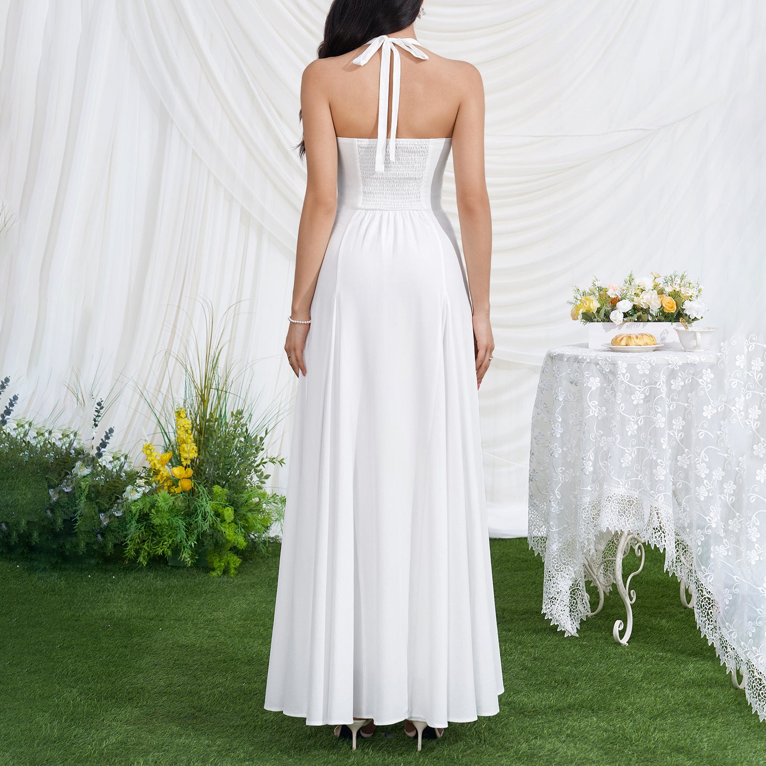 HALTER TWIST BUST FLOWY CHIFFON WEDDING MAXI DRESS