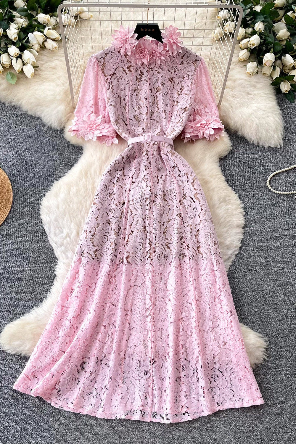 O1CN01DjeUmq1JsysCl2y6U__2217741411085-0-cib PINK FLORAL LACE A-LINE MIDI DRESS FOR WEDDING GUEST
