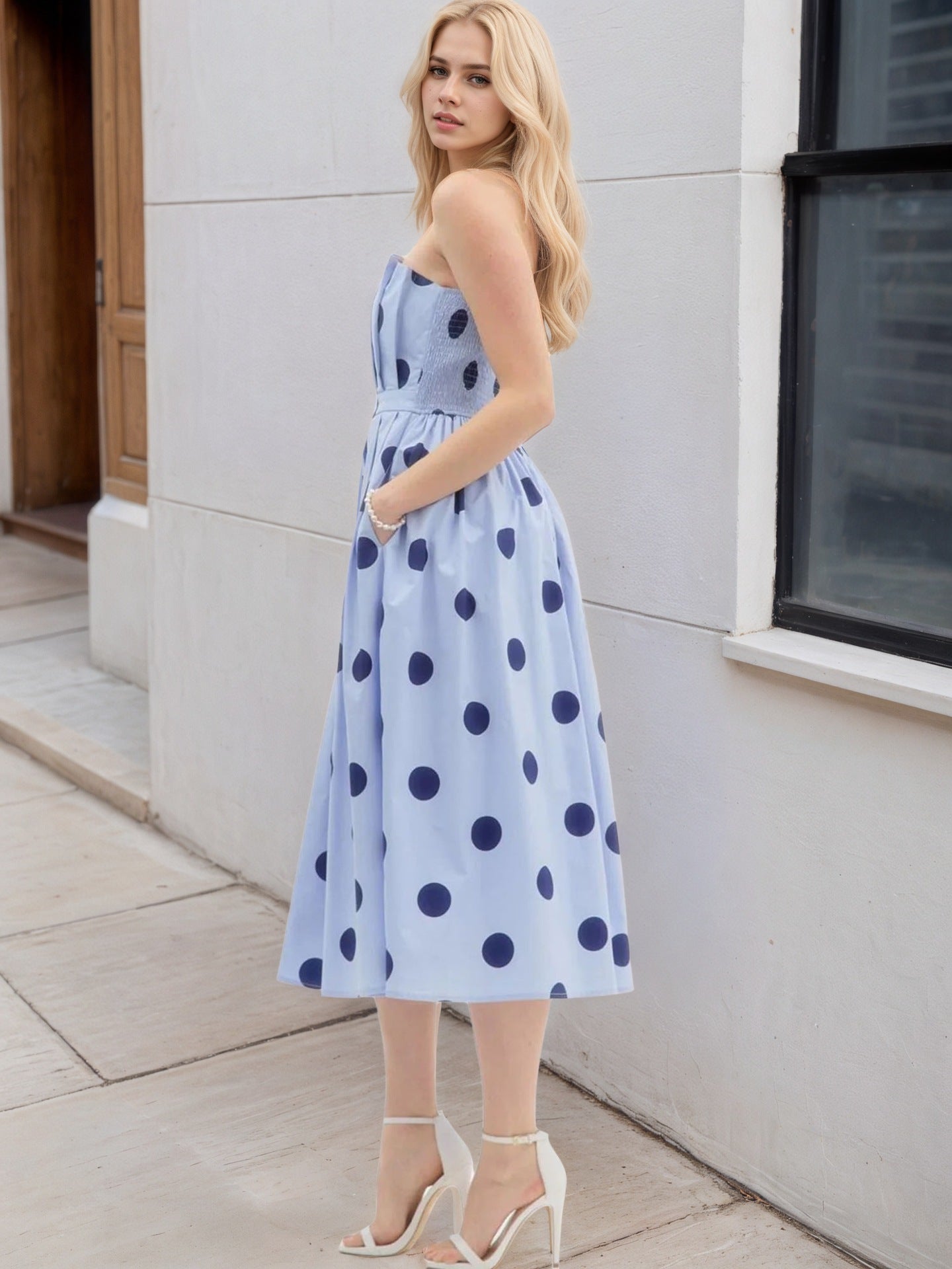 O1CN01Dqt2HX1zMCIbK5x8m__2217524266699-0-cib LIGHT BLUE POLKA DOT STRAPLESS MIDI SWING DRESS VINTAGE HOLIDAY