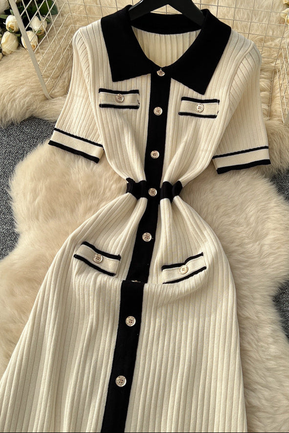 CREAM RIBBED MIDI DRESS BLACK TRIM COCKTAIL
