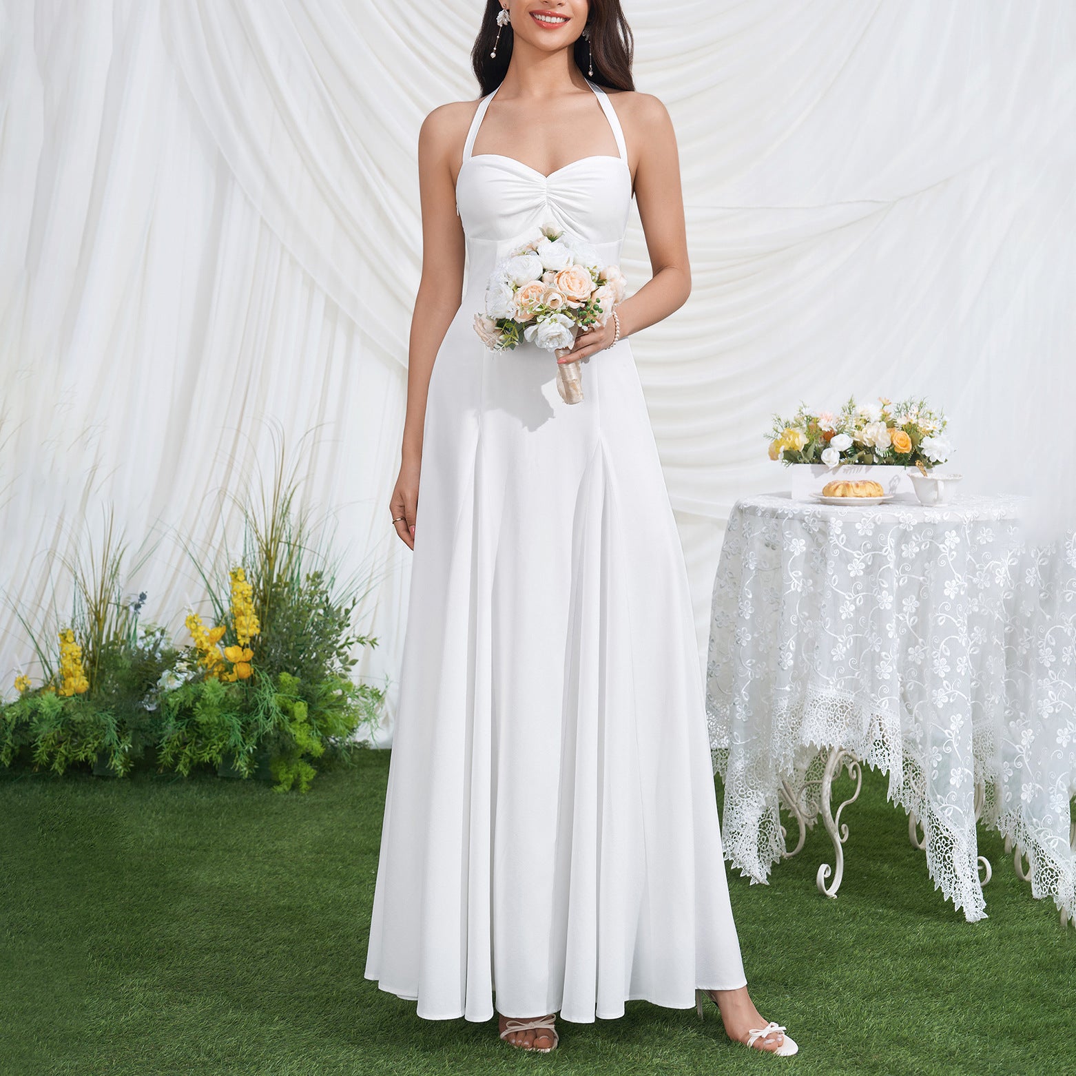 HALTER TWIST BUST FLOWY CHIFFON WEDDING MAXI DRESS