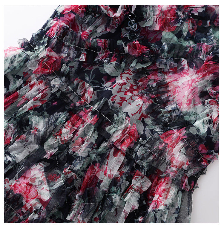NAVY FLORAL SHEER ORGANZA A-LINE MIDI DRESS 3D RUFFLE