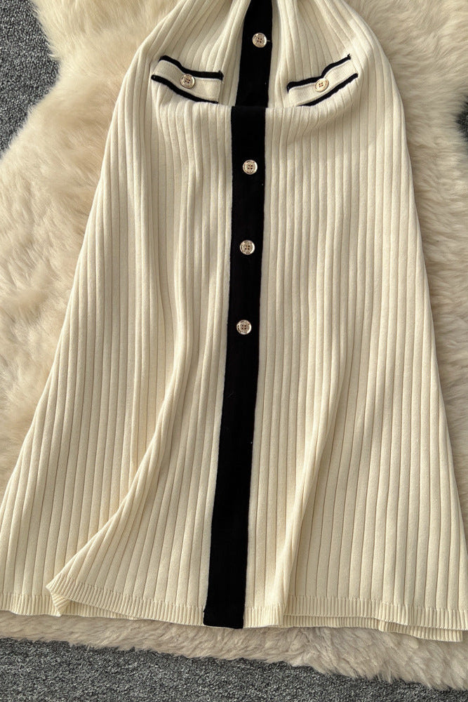 CREAM RIBBED MIDI DRESS BLACK TRIM COCKTAIL