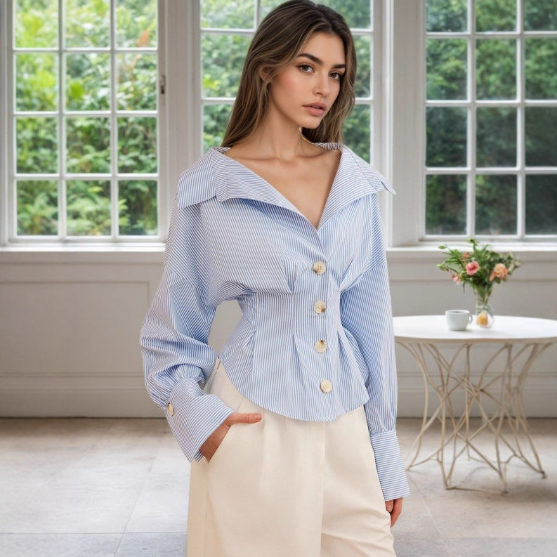 BLUE WHITE STRIPE OFF SHOULDER COLLARED CINCHED WAIST PEPLUM SHIRT