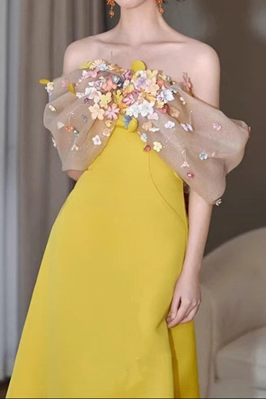 O1CN01EqqV1b1cyubAoUO9F__2478323670 BRIGHT YELLOW SATIN STRAPLESS MAXI GOWN WITH 3D COLORFUL FLORAL TULLE BUST