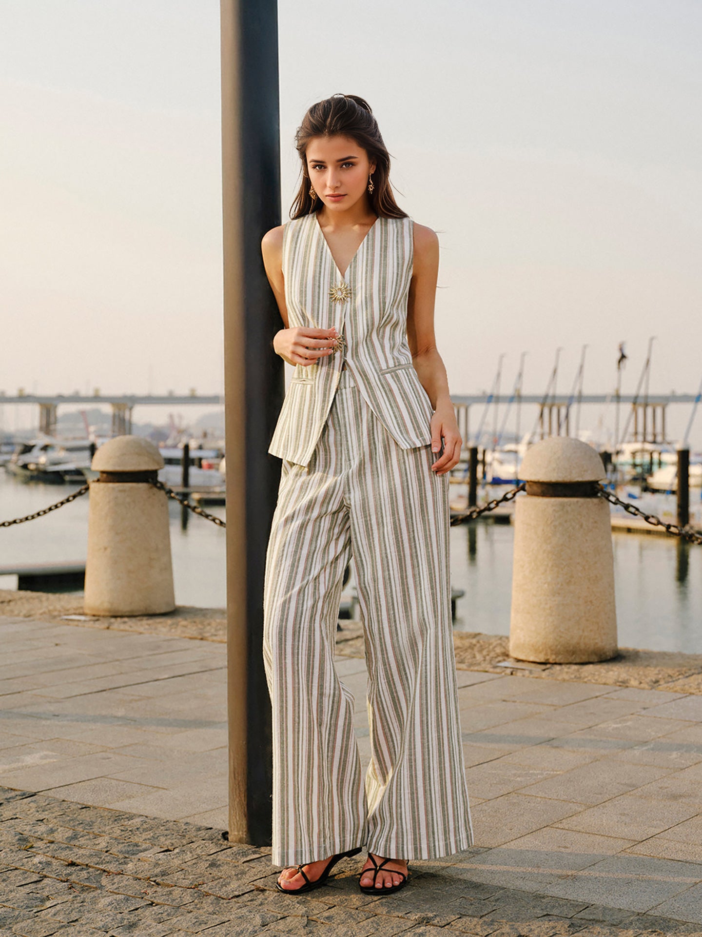 O1CN01ExZ6P31zMCIGqwfu7__2217524266699-0-cib GREEN STRIPE LINEN VEST SET WIDE LEG PANTS