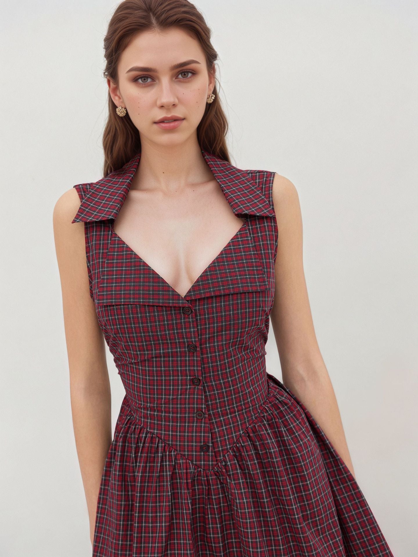 O1CN01EyWhlq1zMCIIL8Hiy__2217524266699-0-cib RED PLAID SLEEVELESS LAPEL V NECK BUTTON FRONT FIT AND FLARE MINI DRESS SUMMER RETRO DRESS
