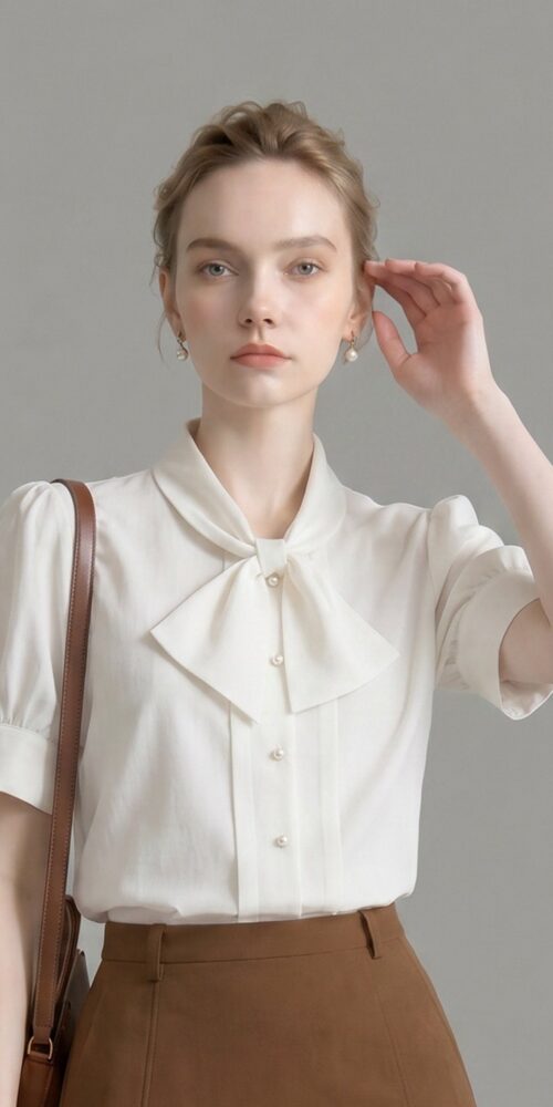 SATIN PUFF SLEEVE BOW BLOUSE WITH PEARL BUTTONS