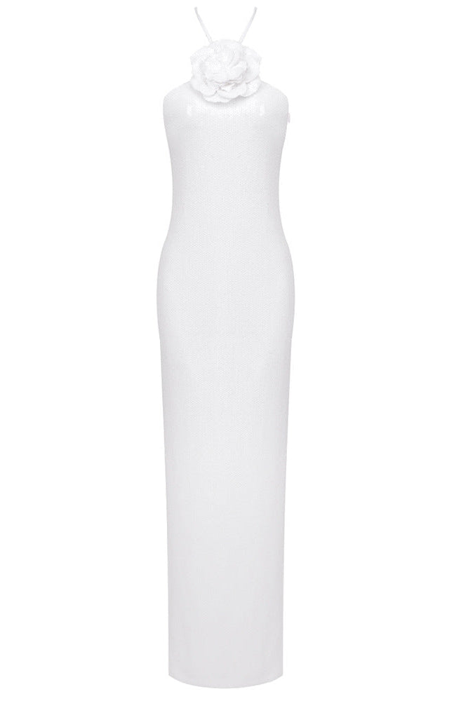 WHITE SEQUIN MESH COLUMN DRESS FLOWER EMBELLISHMENT