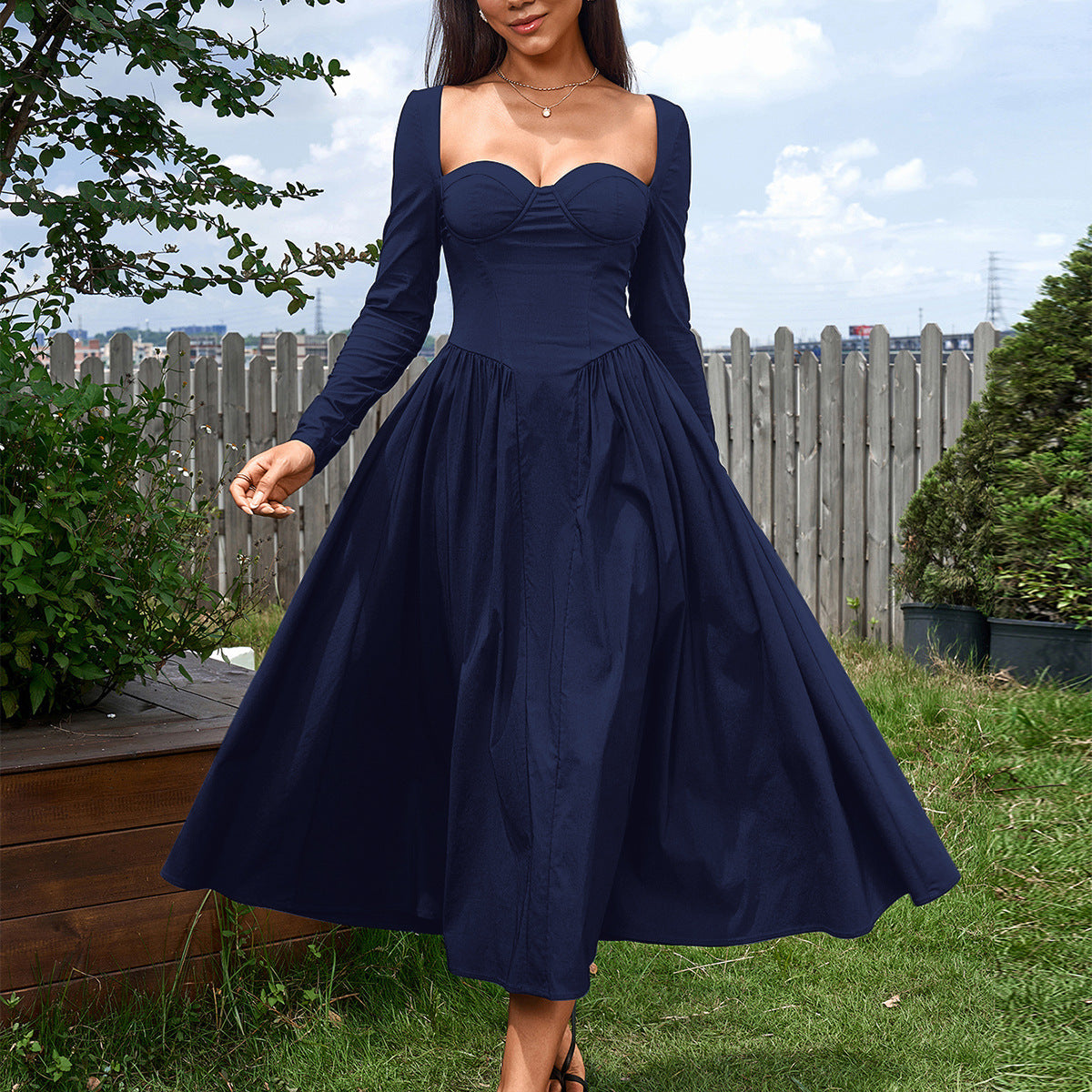 LONG SLEEVE SWEETHEART CORSET FLARED MIDI DRESS