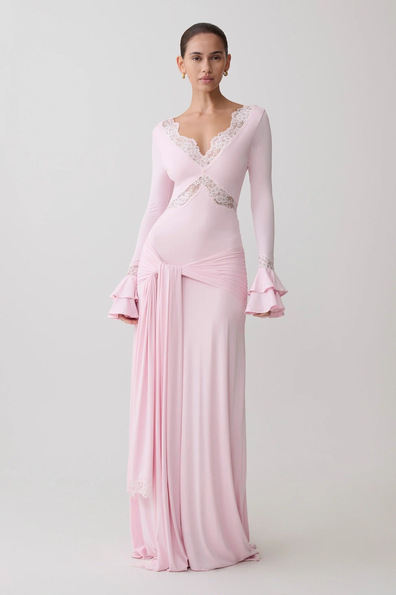 LACE TRIM FLARE SLEEVE DRAPED MAXI DRESS