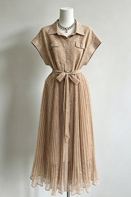 LACE-TIED PLEATED MIDI SHIRT DRESS FOR WEDDING GUEST