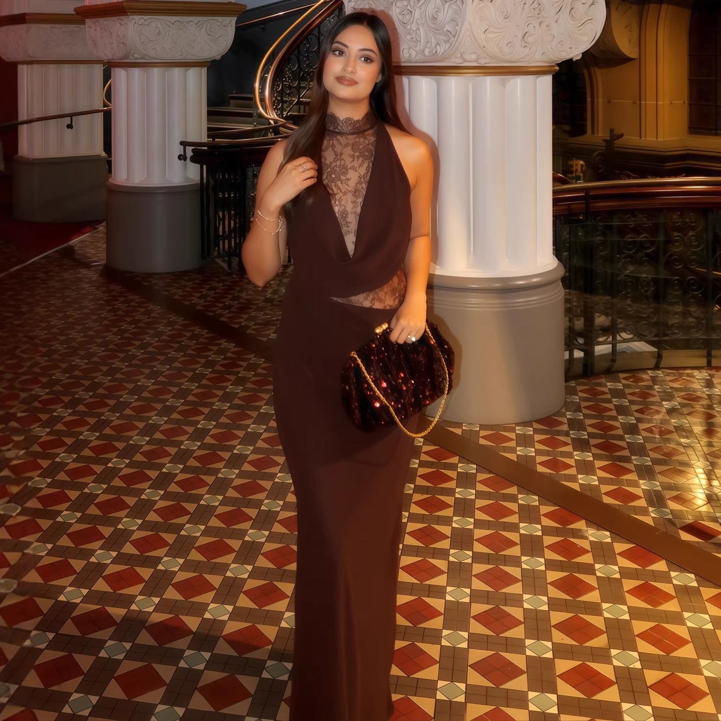 HALTER LACE CUTOUT DRAPED MAXI GOWN