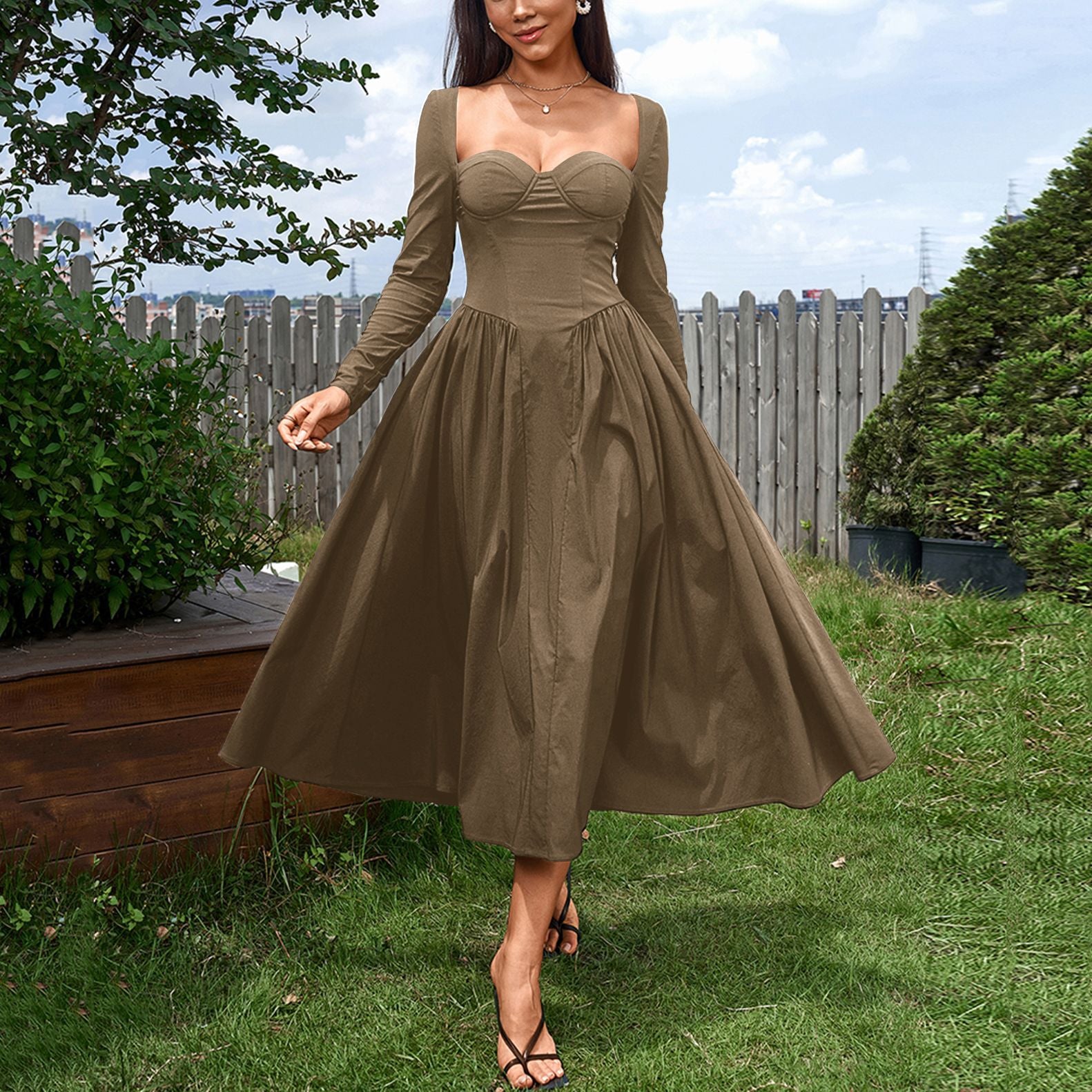 LONG SLEEVE SWEETHEART CORSET FLARED MIDI DRESS