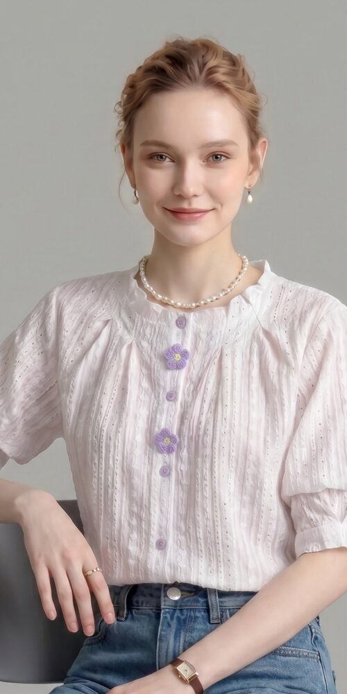 RUFFLED CREW NECK EYELET PUFF SLEEVE BLOUSE WITH FLORAL BUTTONS