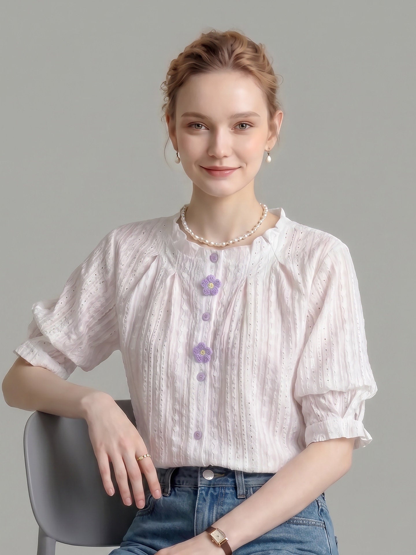 O1CN01HHzbyb1fP8cSZbcU6__163593998 RUFFLED CREW NECK EYELET PUFF SLEEVE BLOUSE WITH FLORAL BUTTONS